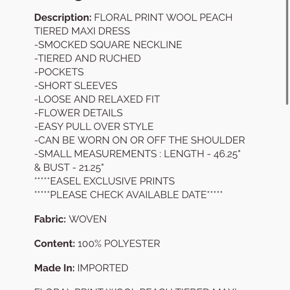 209 🏝️EASEL FLORAL PRINT WOOL PEACH TIERED MAXI DRESS - Picture 4 of 4